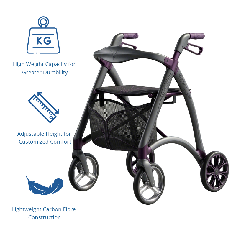 CR-3036 Futuristic Carbon Fibre Rollator Walker  Lightweight, Adjustable Height Outdoor Use Customizable Design Purple & Silver Finish