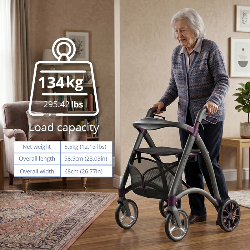 CR-3036 Futuristic Carbon Fibre Rollator Walker  Lightweight, Adjustable Height Outdoor Use Customizable Design Purple & Silver Finish