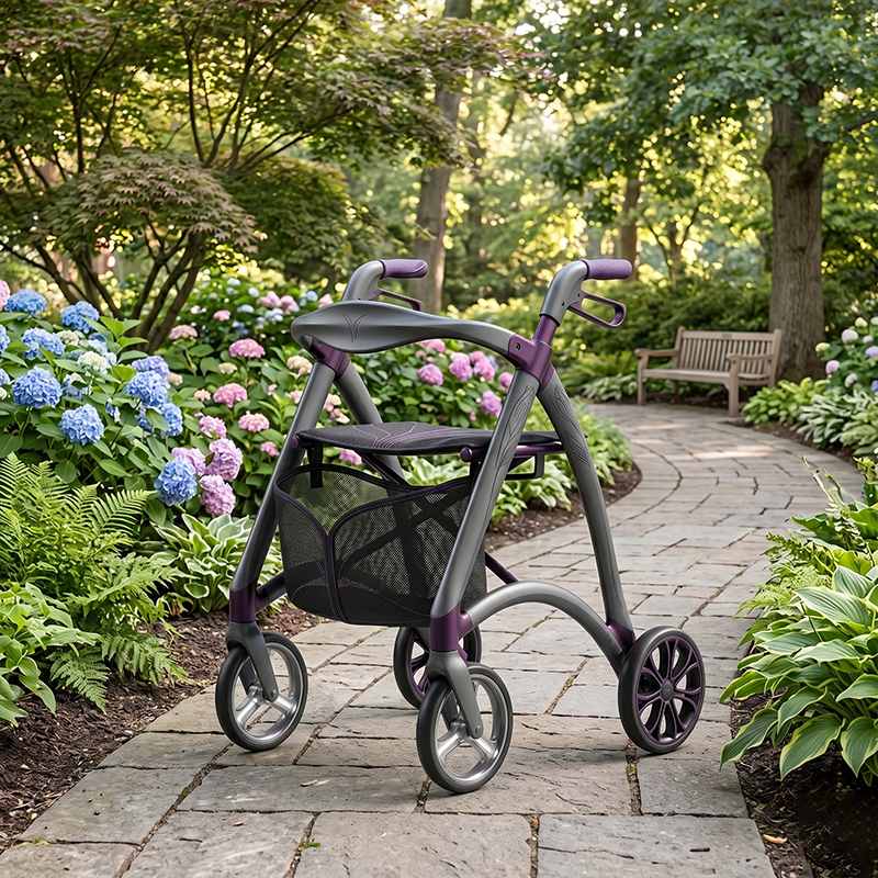 CR-3036 Futuristic Carbon Fibre Rollator Walker  Lightweight, Adjustable Height Outdoor Use Customizable Design Purple & Silver Finish
