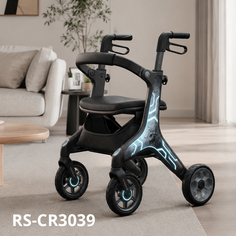 CR-3039 Future Mobility Carbon Fiber Rollator Walker with Metallic Black Finish and Neon Blue Graphic Design