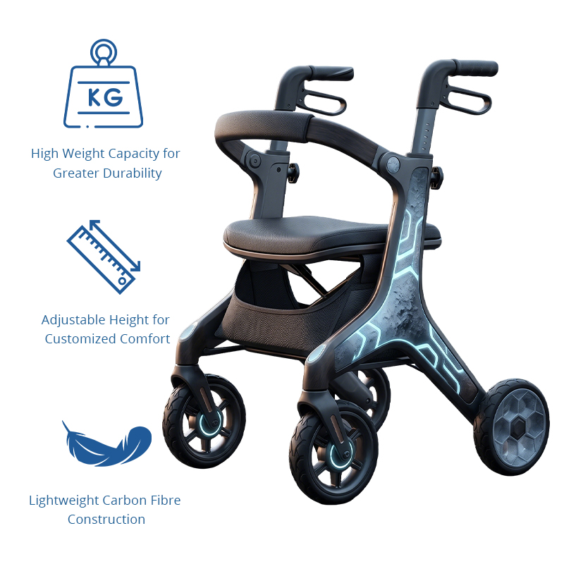 CR-3039 Future Mobility Carbon Fiber Rollator Walker with Metallic Black Finish and Neon Blue Graphic Design