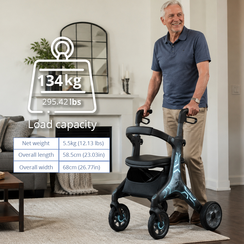 CR-3039 Future Mobility Carbon Fiber Rollator Walker with Metallic Black Finish and Neon Blue Graphic Design