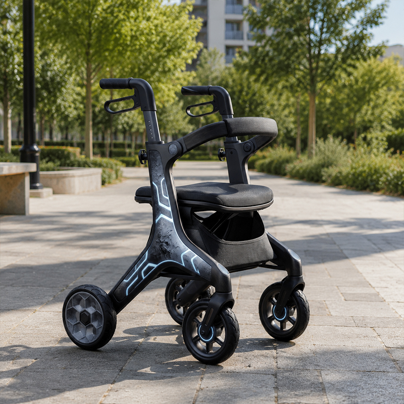 CR-3039 Future Mobility Carbon Fiber Rollator Walker with Metallic Black Finish and Neon Blue Graphic Design