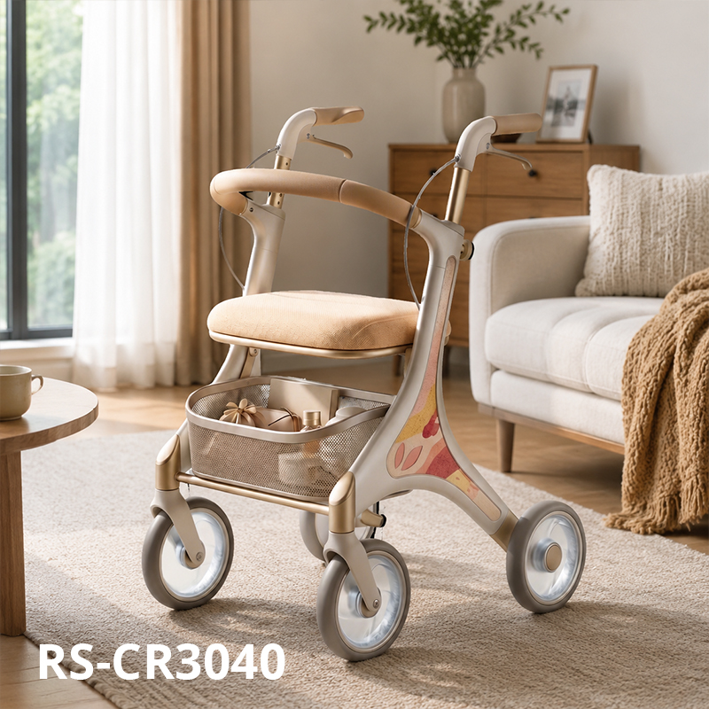 CR 3040 Futuristic Carbon Fiber Rollator Walker for Elderly Elegant Beige  Pastel Floral Design Adjustable Height Foldable 100KG Weight