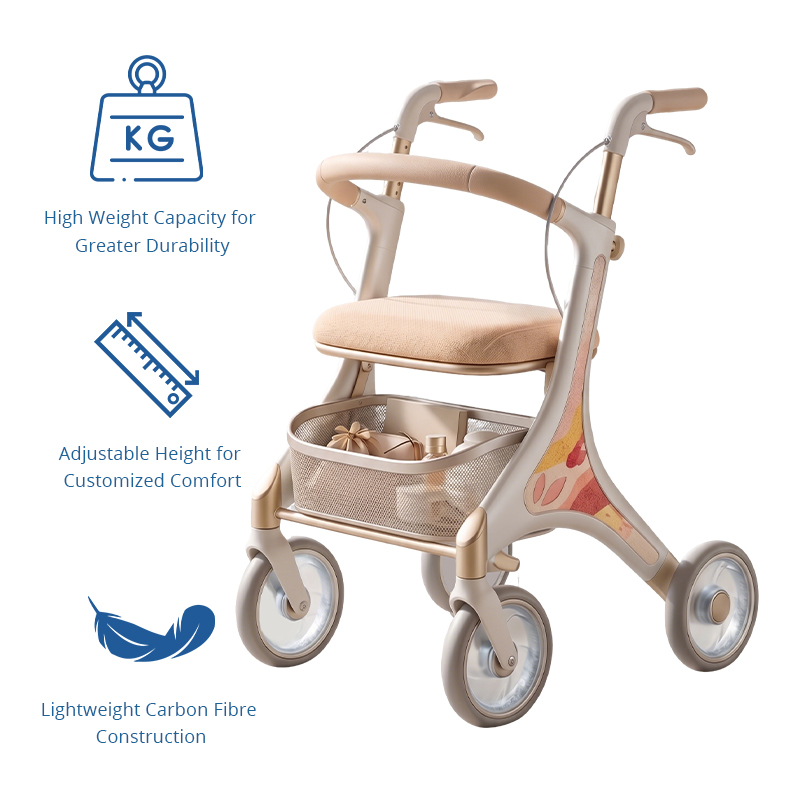 CR 3040 Futuristic Carbon Fiber Rollator Walker for Elderly Elegant Beige  Pastel Floral Design Adjustable Height Foldable 100KG Weight