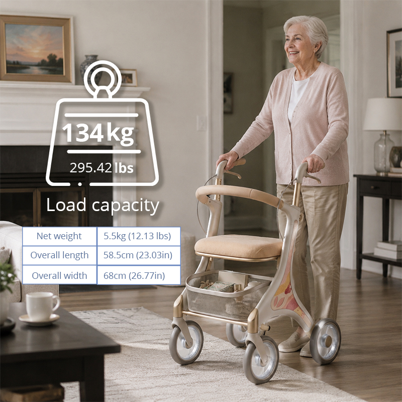 CR 3040 Futuristic Carbon Fiber Rollator Walker for Elderly Elegant Beige  Pastel Floral Design Adjustable Height Foldable 100KG Weight