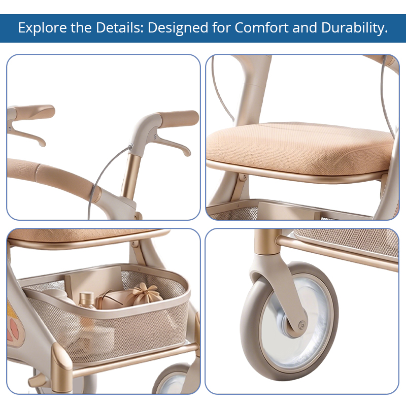 CR 3040 Futuristic Carbon Fiber Rollator Walker for Elderly Elegant Beige  Pastel Floral Design Adjustable Height Foldable 100KG Weight