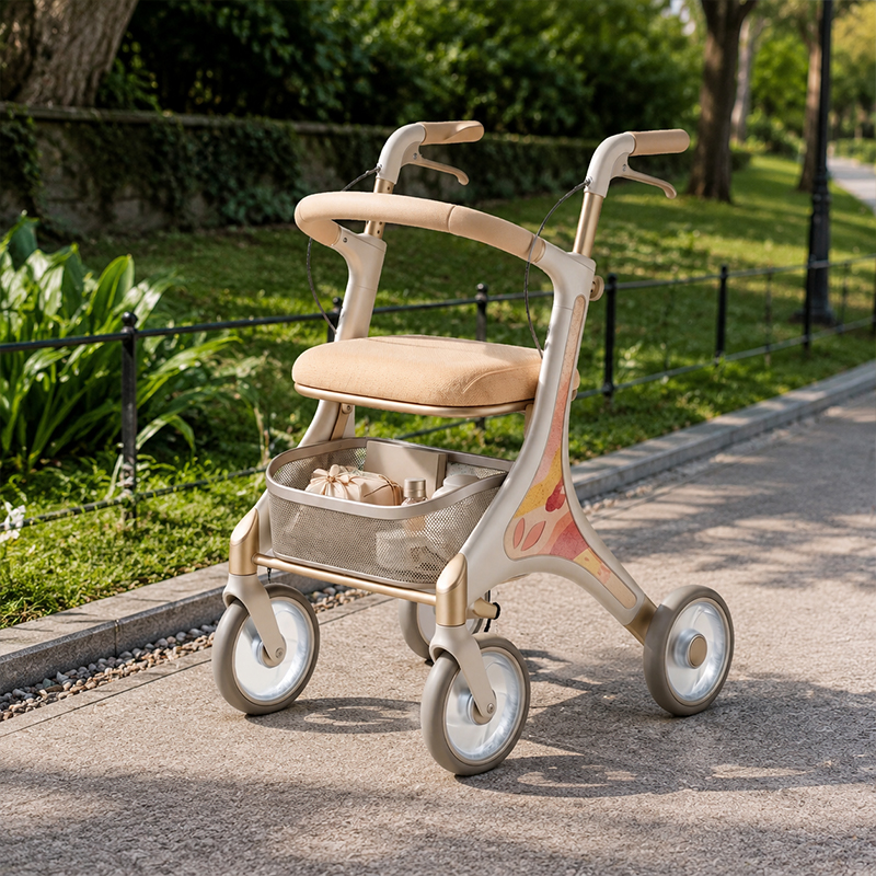 CR 3040 Futuristic Carbon Fiber Rollator Walker for Elderly Elegant Beige  Pastel Floral Design Adjustable Height Foldable 100KG Weight
