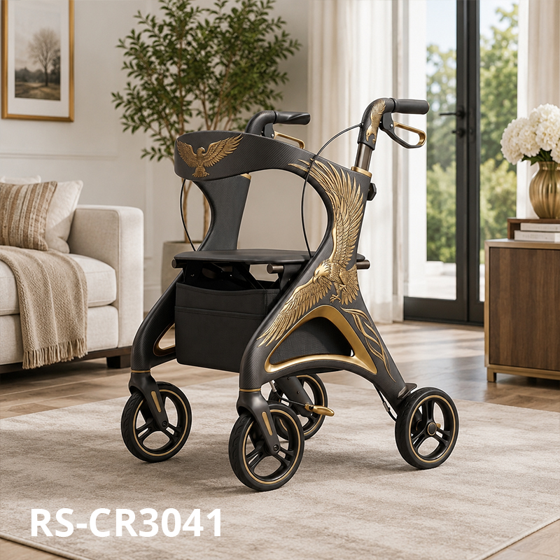 CR-3041 Carbon Fiber Rollator for Elderly - Lightweight Foldable Adjustable Height with Large Storage Pouch - Perfect for Outdoor Use