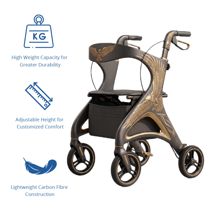 CR-3041 Carbon Fiber Rollator for Elderly - Lightweight Foldable Adjustable Height with Large Storage Pouch - Perfect for Outdoor Use