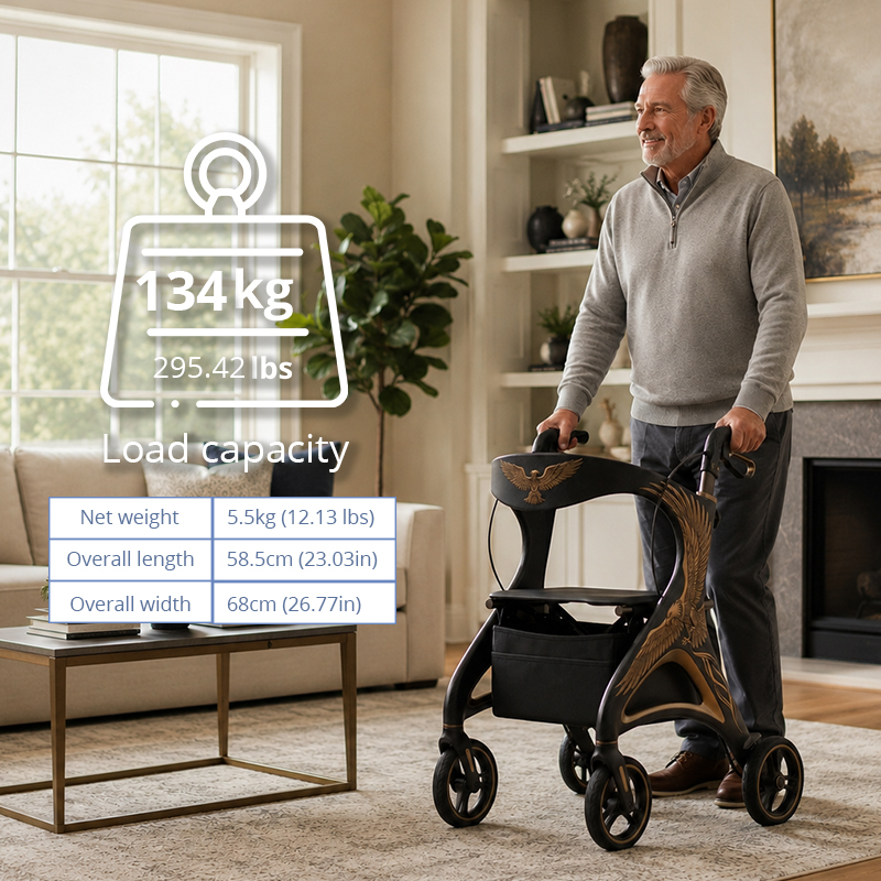 CR-3041 Carbon Fiber Rollator for Elderly - Lightweight Foldable Adjustable Height with Large Storage Pouch - Perfect for Outdoor Use