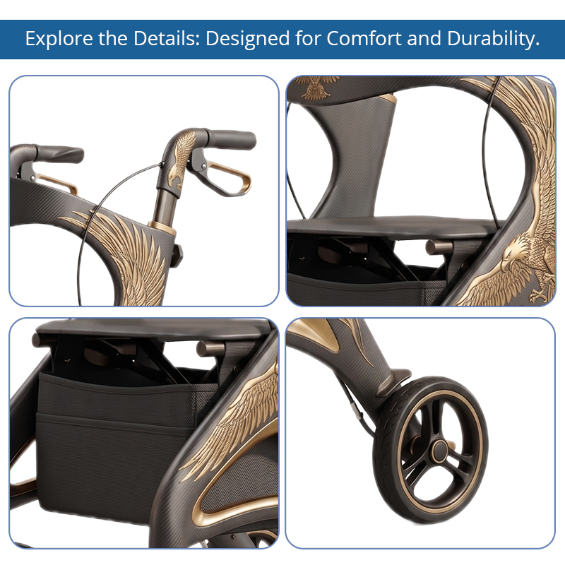 CR-3041 Carbon Fiber Rollator for Elderly - Lightweight Foldable Adjustable Height with Large Storage Pouch - Perfect for Outdoor Use
