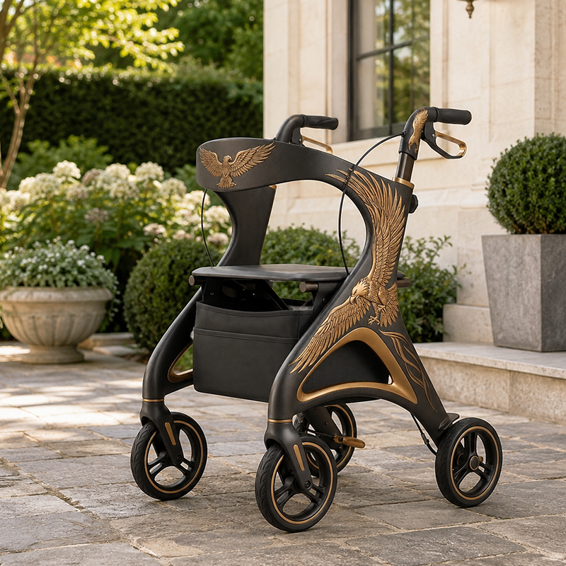 CR-3041 Carbon Fiber Rollator for Elderly - Lightweight Foldable Adjustable Height with Large Storage Pouch - Perfect for Outdoor Use