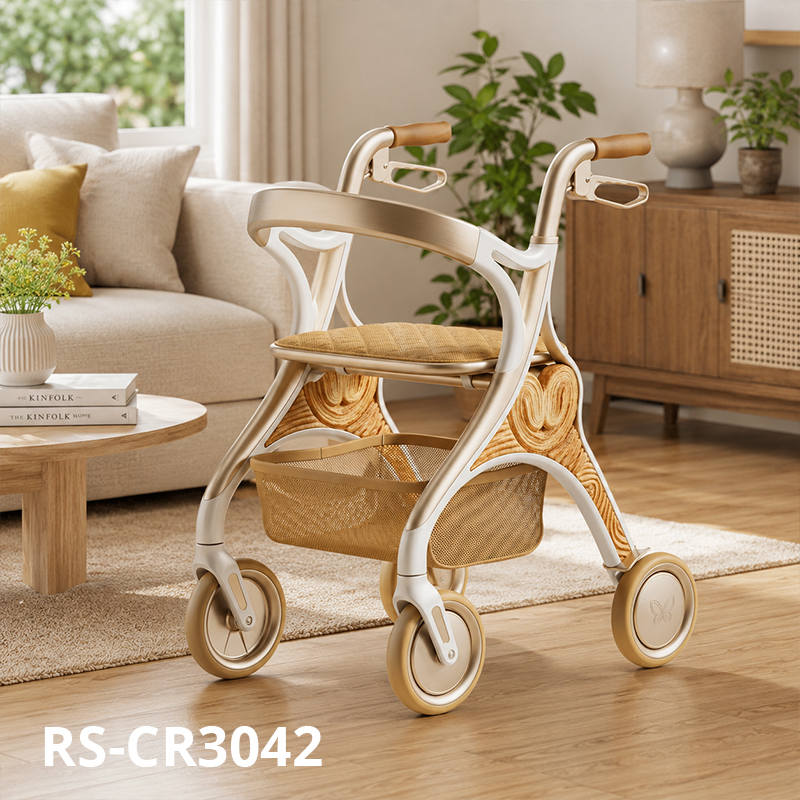 CR 3042 Concept Design Carbon Fibre Rollator Walker, Gold White Frame with Wood Grain Pattern for Premium Mobility Brands