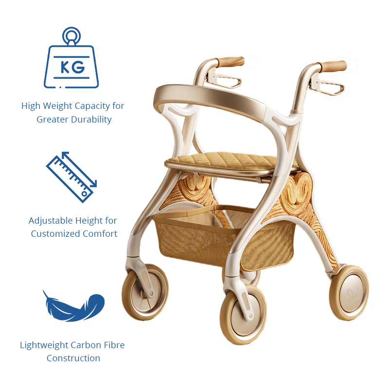 CR 3042 Concept Design Carbon Fibre Rollator Walker, Gold White Frame with Wood Grain Pattern for Premium Mobility Brands