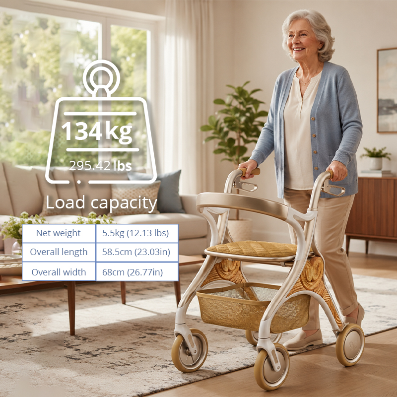 CR 3042 Concept Design Carbon Fibre Rollator Walker, Gold White Frame with Wood Grain Pattern for Premium Mobility Brands