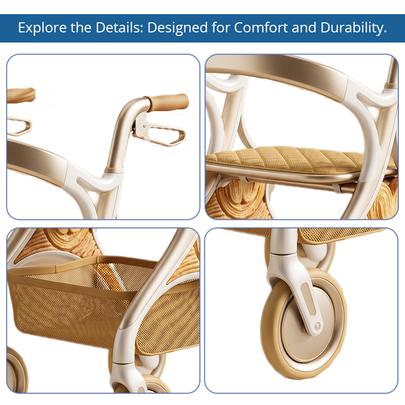 CR 3042 Concept Design Carbon Fibre Rollator Walker, Gold White Frame with Wood Grain Pattern for Premium Mobility Brands