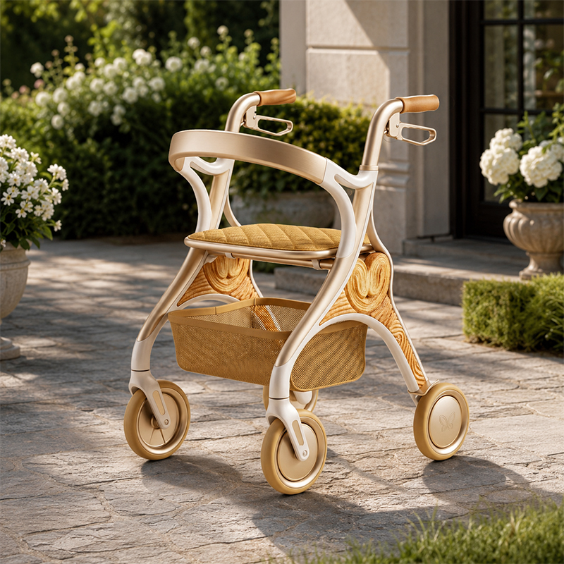 CR 3042 Concept Design Carbon Fibre Rollator Walker, Gold White Frame with Wood Grain Pattern for Premium Mobility Brands