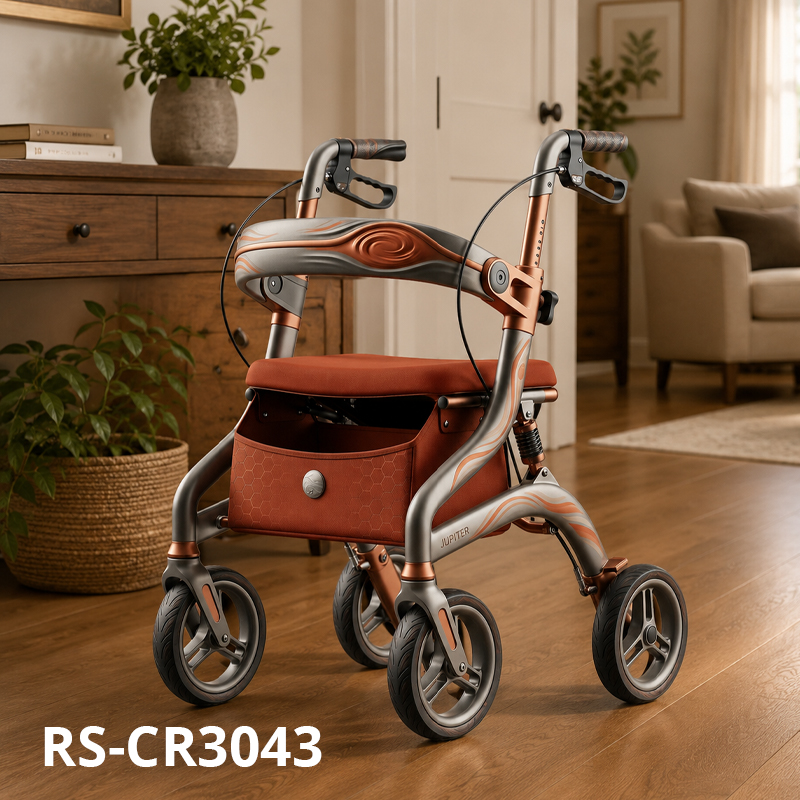 CR3043 Futuristic Concept CarbonFibre Rollator Walker Frame Bronze Silver Swirl Design PU Wheels Adjustable Height Elderly Mobility Aid