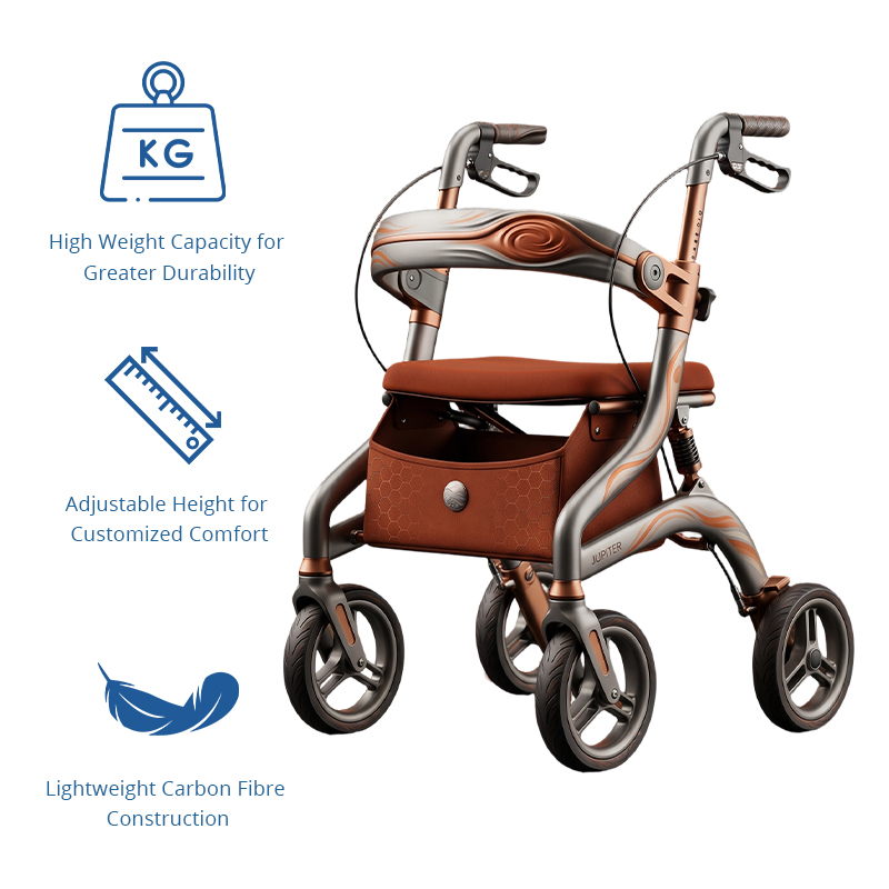 CR3043 Futuristic Concept CarbonFibre Rollator Walker Frame Bronze Silver Swirl Design PU Wheels Adjustable Height Elderly Mobility Aid