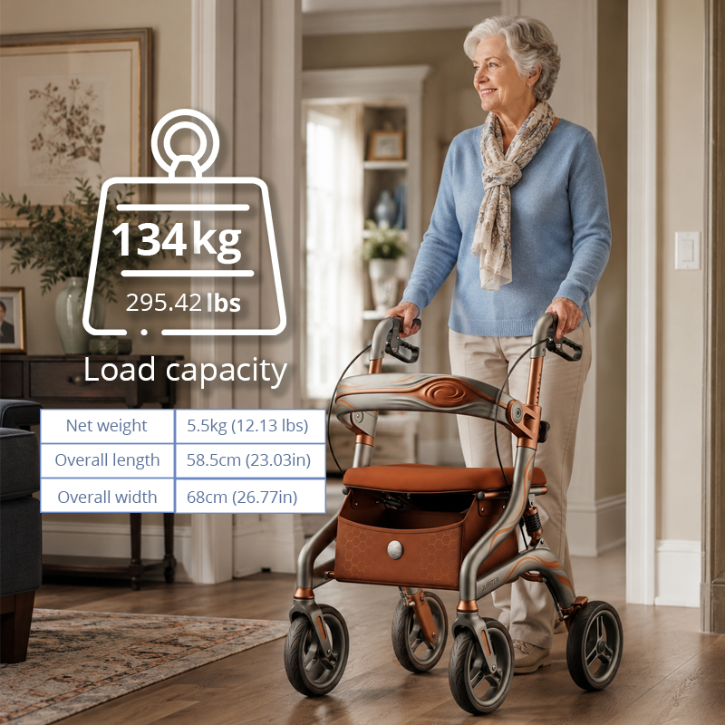 CR3043 Futuristic Concept CarbonFibre Rollator Walker Frame Bronze Silver Swirl Design PU Wheels Adjustable Height Elderly Mobility Aid