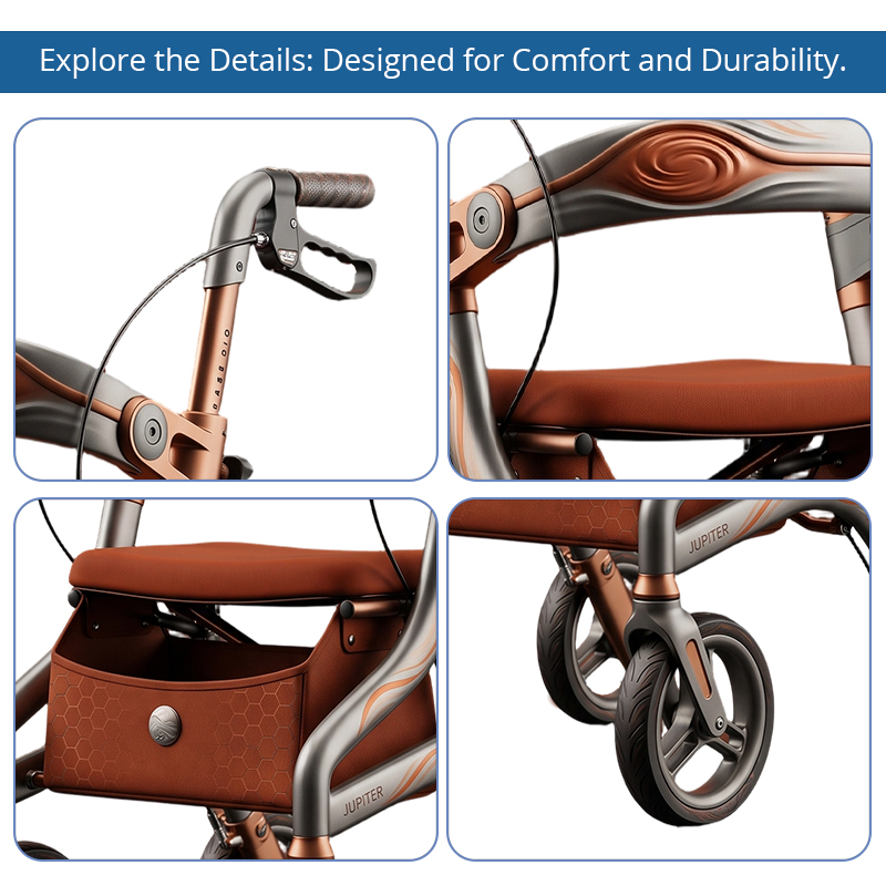 CR3043 Futuristic Concept CarbonFibre Rollator Walker Frame Bronze Silver Swirl Design PU Wheels Adjustable Height Elderly Mobility Aid