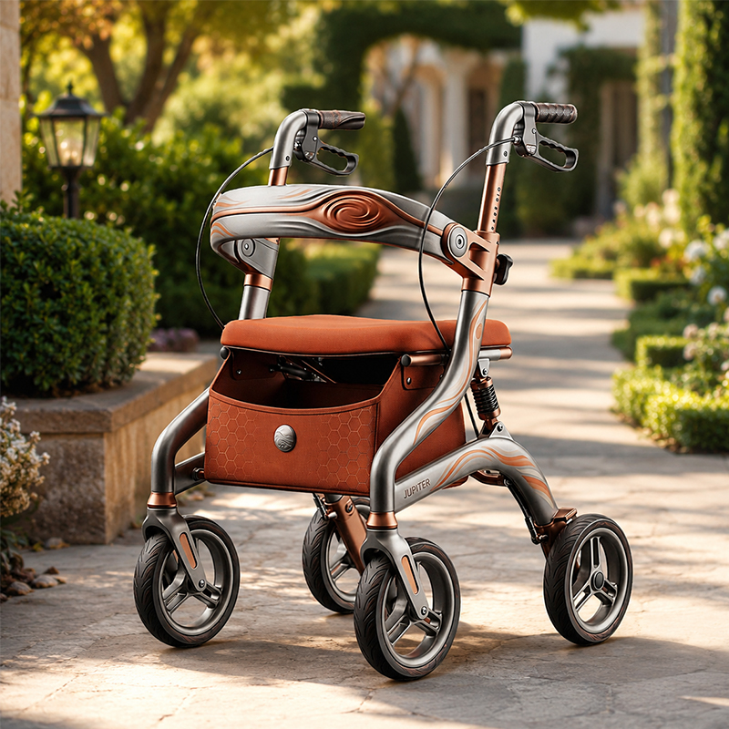 CR3043 Futuristic Concept CarbonFibre Rollator Walker Frame Bronze Silver Swirl Design PU Wheels Adjustable Height Elderly Mobility Aid