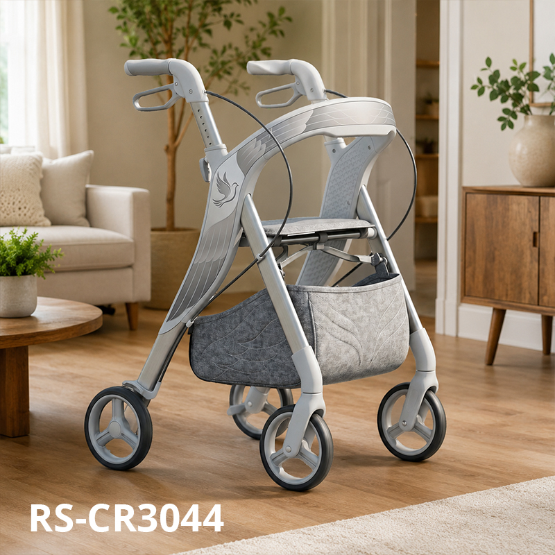 CR3044 New Design Carbon Fibre Rollator Walker, Pearl White Silver Grey, Wing Feather Pattern, OEM Foldable Mobility Aid
