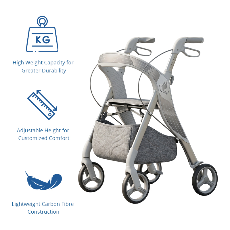 CR3044 New Design Carbon Fibre Rollator Walker, Pearl White Silver Grey, Wing Feather Pattern, OEM Foldable Mobility Aid