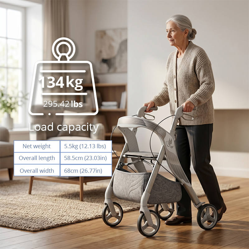 CR3044 New Design Carbon Fibre Rollator Walker, Pearl White Silver Grey, Wing Feather Pattern, OEM Foldable Mobility Aid