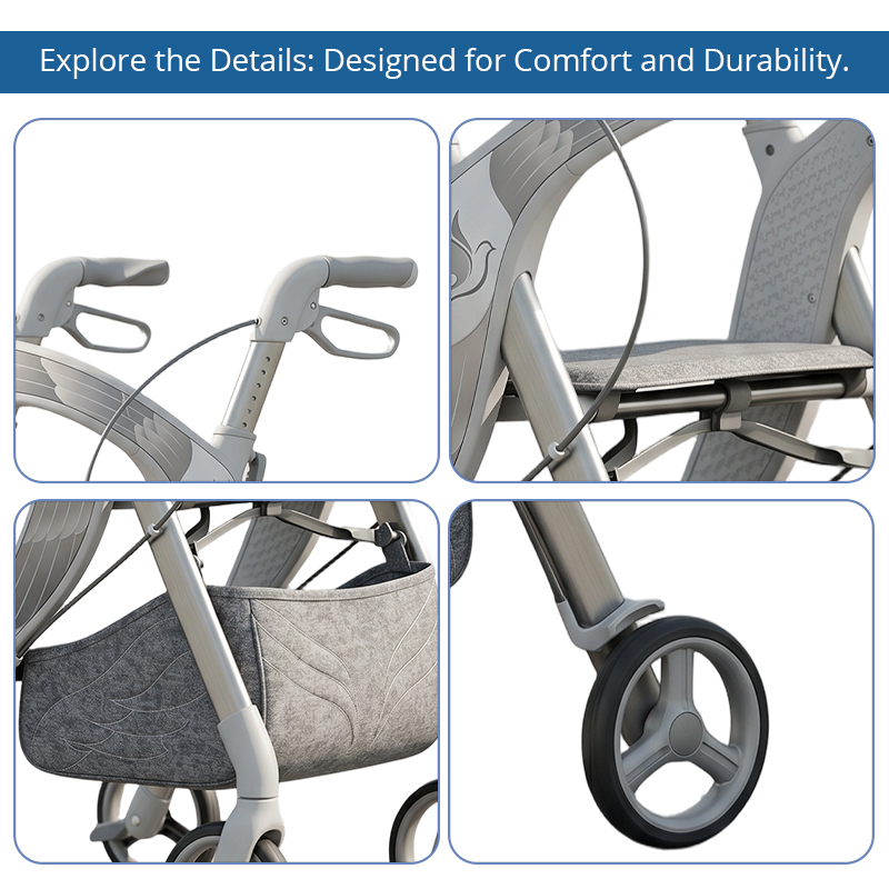 CR3044 New Design Carbon Fibre Rollator Walker, Pearl White Silver Grey, Wing Feather Pattern, OEM Foldable Mobility Aid