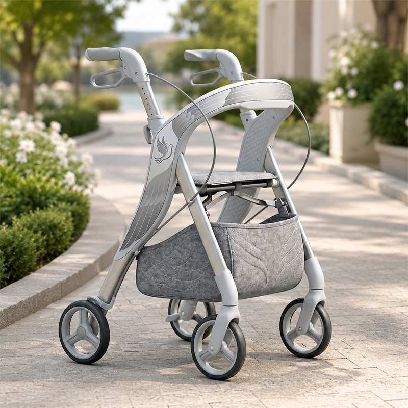 CR3044 New Design Carbon Fibre Rollator Walker, Pearl White Silver Grey, Wing Feather Pattern, OEM Foldable Mobility Aid