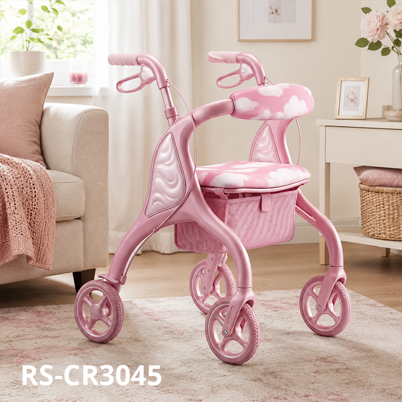 CR3045 New Design Futuristic Concept Carbon Fibre Rollator Walker, Pearl Pink with White Cloud Pattern, OEM Foldable Mobility Aid