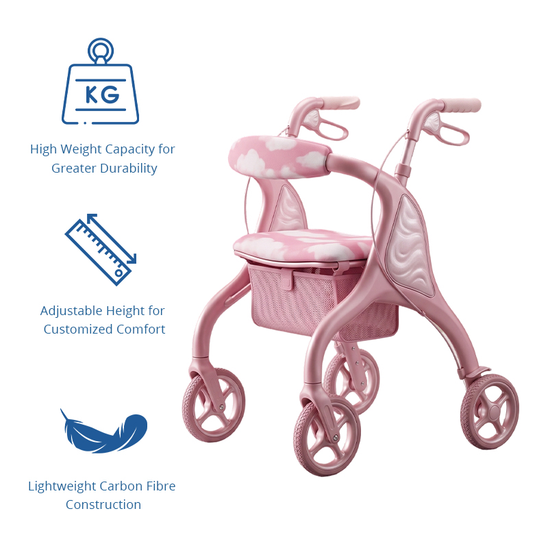 CR3045 New Design Futuristic Concept Carbon Fibre Rollator Walker, Pearl Pink with White Cloud Pattern, OEM Foldable Mobility Aid