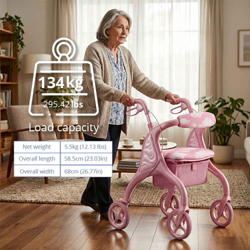 CR3045 New Design Futuristic Concept Carbon Fibre Rollator Walker, Pearl Pink with White Cloud Pattern, OEM Foldable Mobility Aid