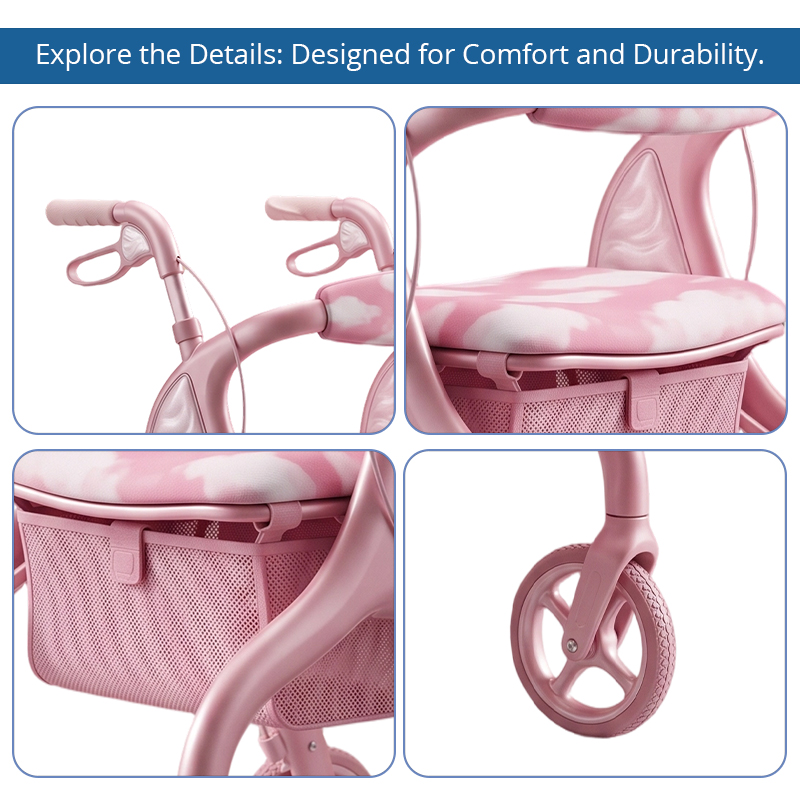 CR3045 New Design Futuristic Concept Carbon Fibre Rollator Walker, Pearl Pink with White Cloud Pattern, OEM Foldable Mobility Aid