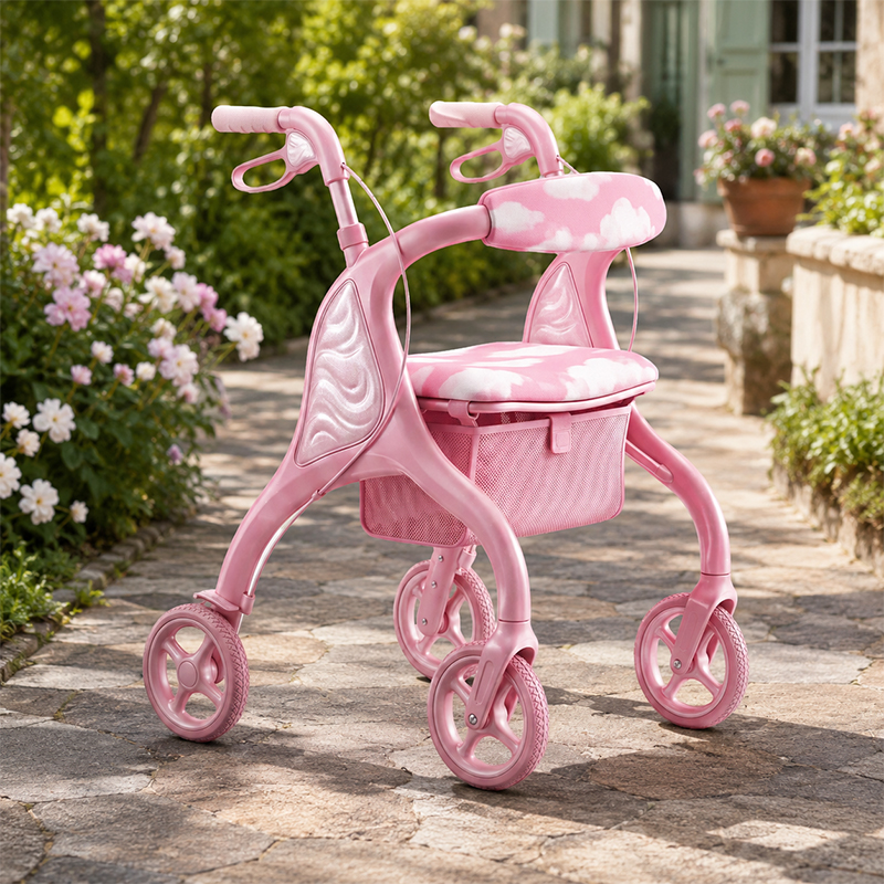 CR3045 New Design Futuristic Concept Carbon Fibre Rollator Walker, Pearl Pink with White Cloud Pattern, OEM Foldable Mobility Aid