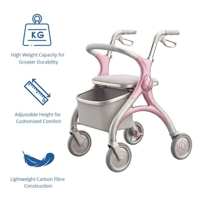 CR3046 New Design Concept Carbon Fiber Rollator Walker, Pink Lotus Design, Foldable, Height Adjustable, Lightweight B2B