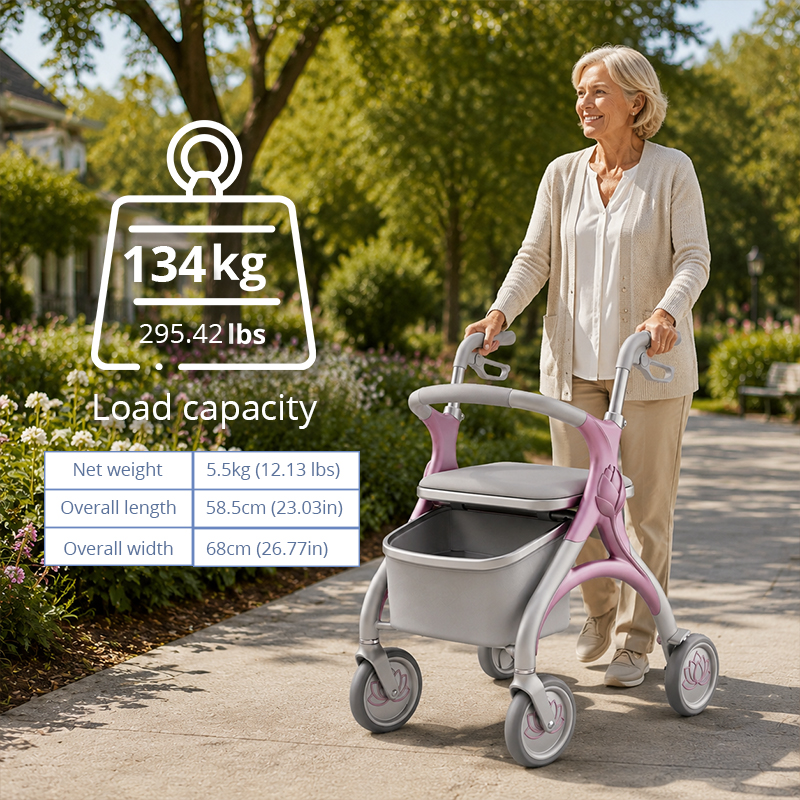 CR3046 New Design Concept Carbon Fiber Rollator Walker, Pink Lotus Design, Foldable, Height Adjustable, Lightweight B2B