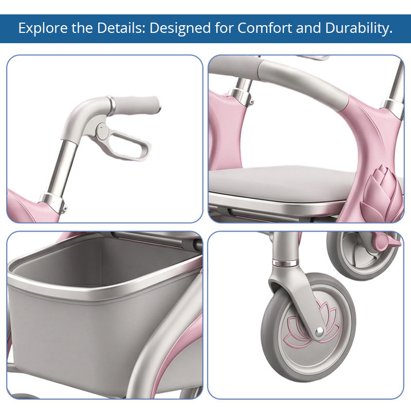 CR3046 New Design Concept Carbon Fiber Rollator Walker, Pink Lotus Design, Foldable, Height Adjustable, Lightweight B2B