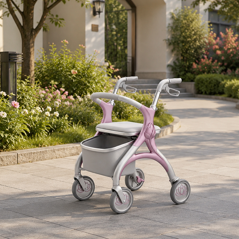 CR3046 New Design Concept Carbon Fiber Rollator Walker, Pink Lotus Design, Foldable, Height Adjustable, Lightweight B2B