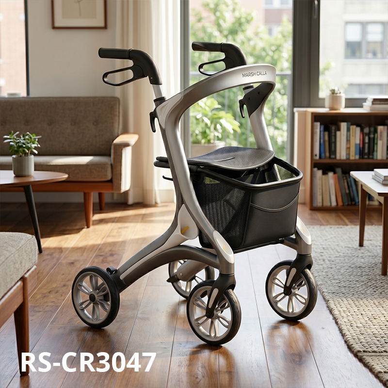 CR3047 New Design Concept Carbon Fiber Rollator Walker, Sleek Silver & Black, Foldable, Height Adjustable, B2B Mobility