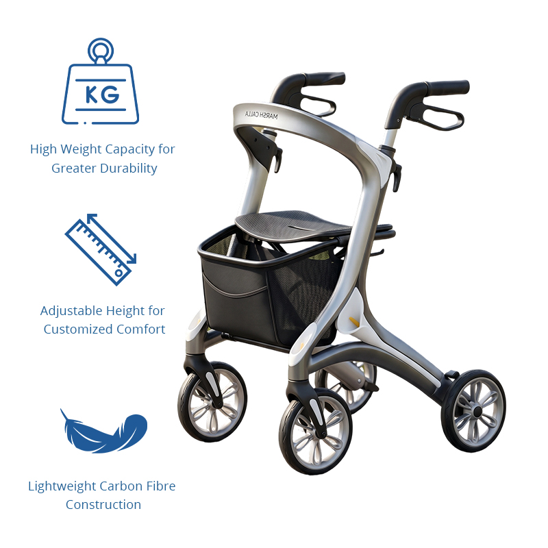 CR3047 New Design Concept Carbon Fiber Rollator Walker, Sleek Silver & Black, Foldable, Height Adjustable, B2B Mobility