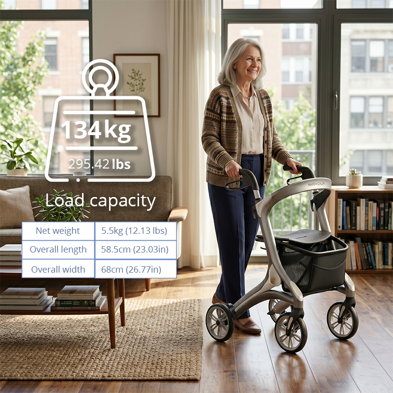 CR3047 New Design Concept Carbon Fiber Rollator Walker, Sleek Silver & Black, Foldable, Height Adjustable, B2B Mobility