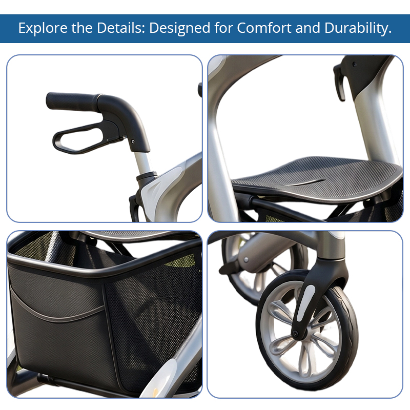 CR3047 New Design Concept Carbon Fiber Rollator Walker, Sleek Silver & Black, Foldable, Height Adjustable, B2B Mobility