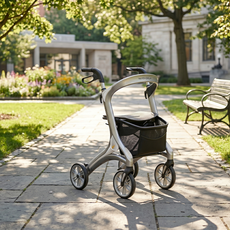 CR3047 New Design Concept Carbon Fiber Rollator Walker, Sleek Silver & Black, Foldable, Height Adjustable, B2B Mobility