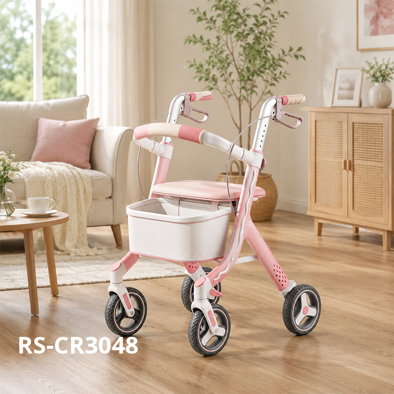 CR3048 New Design Carbon Fiber Rollator Walker for Elderly Pink  Beige Concept Design, Lotus Pattern Wheels Foldable Luxury Mobility