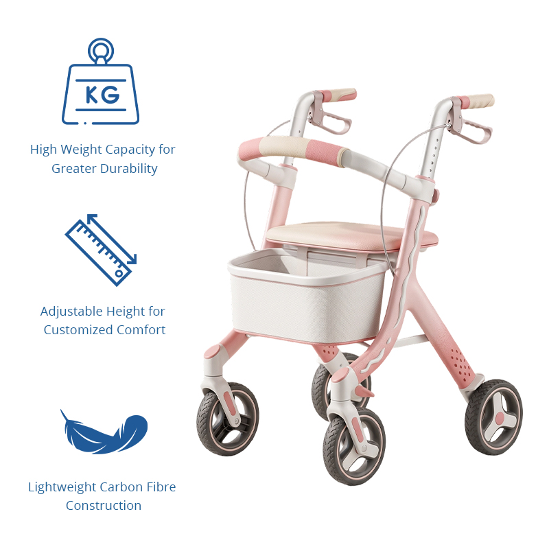 CR3048 New Design Carbon Fiber Rollator Walker for Elderly Pink  Beige Concept Design, Lotus Pattern Wheels Foldable Luxury Mobility