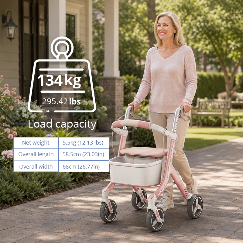 CR3048 New Design Carbon Fiber Rollator Walker for Elderly Pink  Beige Concept Design, Lotus Pattern Wheels Foldable Luxury Mobility