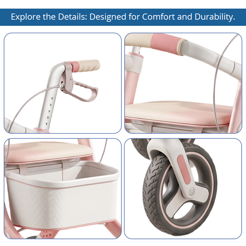 CR3048 New Design Carbon Fiber Rollator Walker for Elderly Pink  Beige Concept Design, Lotus Pattern Wheels Foldable Luxury Mobility